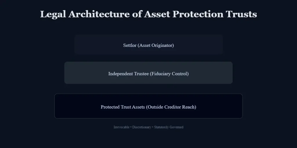 Asset Protection Trusts APTs legal structure showing settlor, independent trustee, and protected trust assets in developed markets