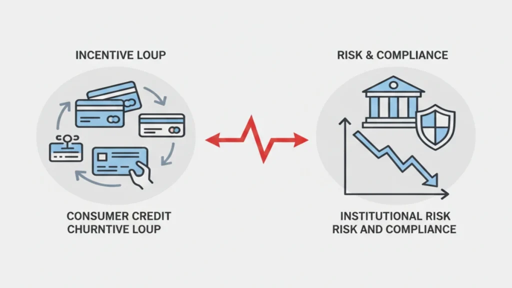 En detaljeret sammenligning af forbrugernes kreditkort-churning-loop over for institutionel risikostyring og compliancestrukturer.
