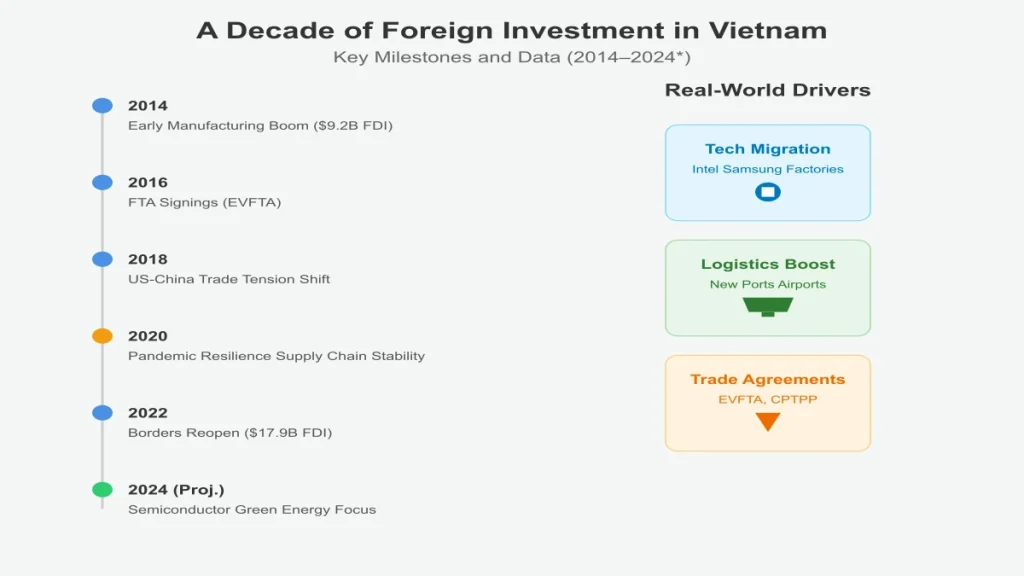 Infographie montrant la croissance des investissements étrangers au Vietnam de 2014 à 2024 avec les jalons économiques clés.
