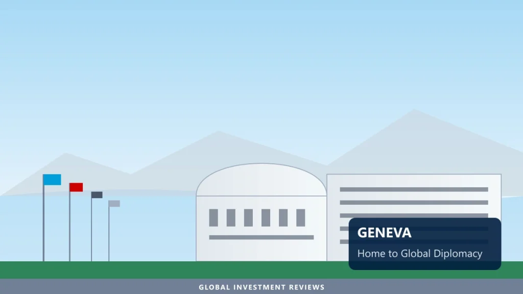 Modern illustration of the Palais des Nations in Geneva, representing Switzerland as a hub for global diplomacy and international organizations.