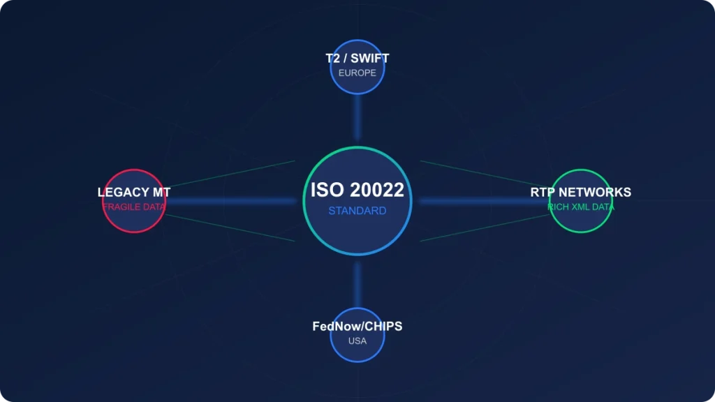 Infographie mettant en avant les principaux avantages des paiements instantanés ISO 20022, notamment la réduction du préfinancement, la fluidité des transactions transfrontalières et l'amélioration de la conformité grâce aux flux de données XML enrichis et à l'interopérabilité des réseaux mondiaux.