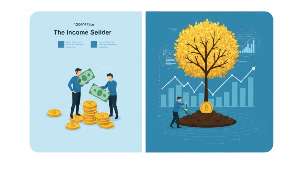 Comparison infographic between an income seeker who spends cash dividends and a wealth builder who uses DRIP to grow a golden investment tree through exponential compounding.