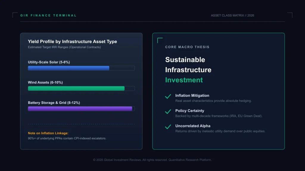 Data-driven infographic by GIR Finance showing asset yield comparisons and macro metrics for sustainable infrastructure investment.